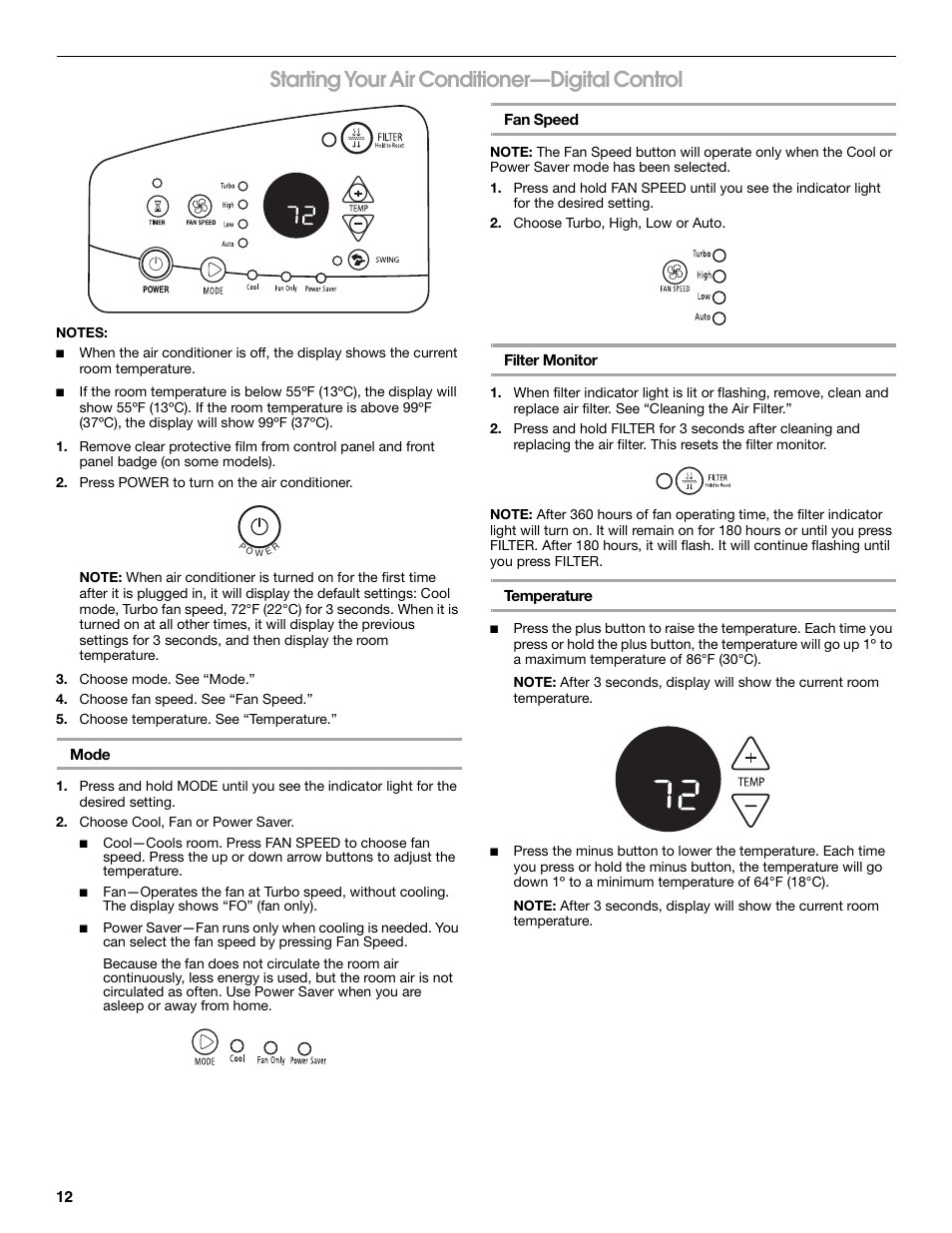 Starting your air conditioner—digital control | Whirlpool ACE184PT0 User Manual | Page 12 / 36