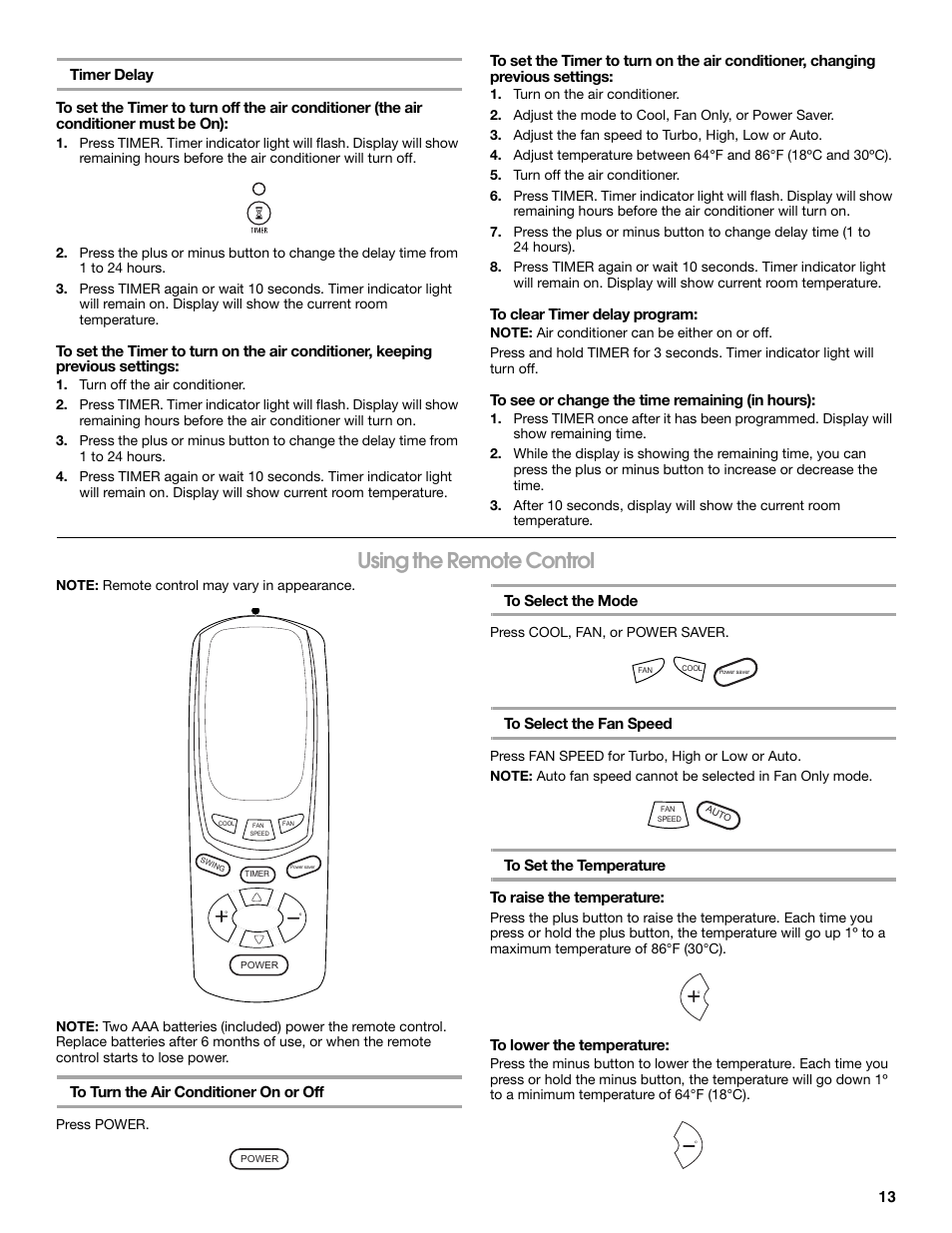 Using the remote control | Whirlpool ACE184PT0 User Manual | Page 13 / 36