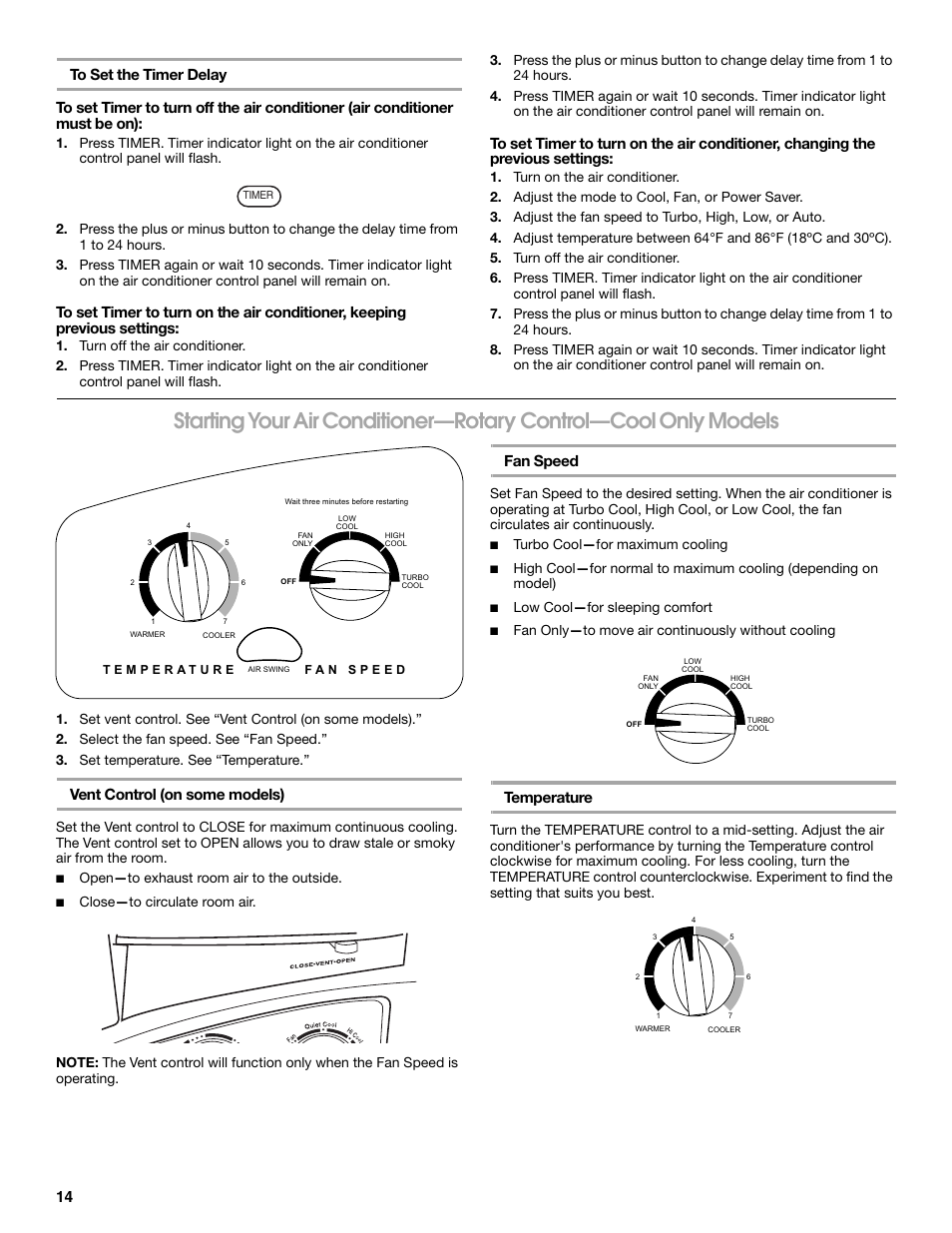 Vent control (on some models), Fan speed, Temperature | Whirlpool ACE184PT0 User Manual | Page 14 / 36