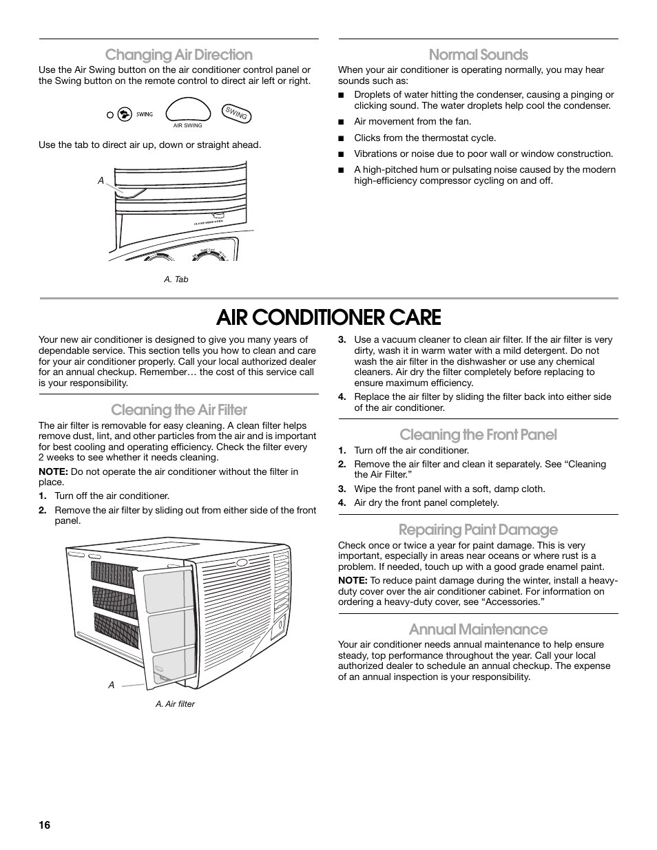 Air conditioner care, Changing air direction, Normal sounds | Cleaning the air filter, Cleaning the front panel, Repairing paint damage, Annual maintenance | Whirlpool ACE184PT0 User Manual | Page 16 / 36