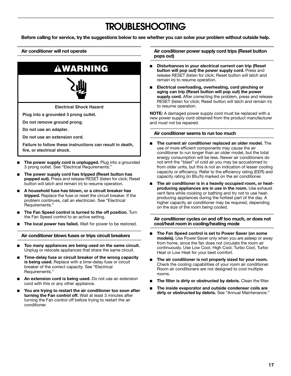 Troubleshooting, Warning | Whirlpool ACE184PT0 User Manual | Page 17 / 36