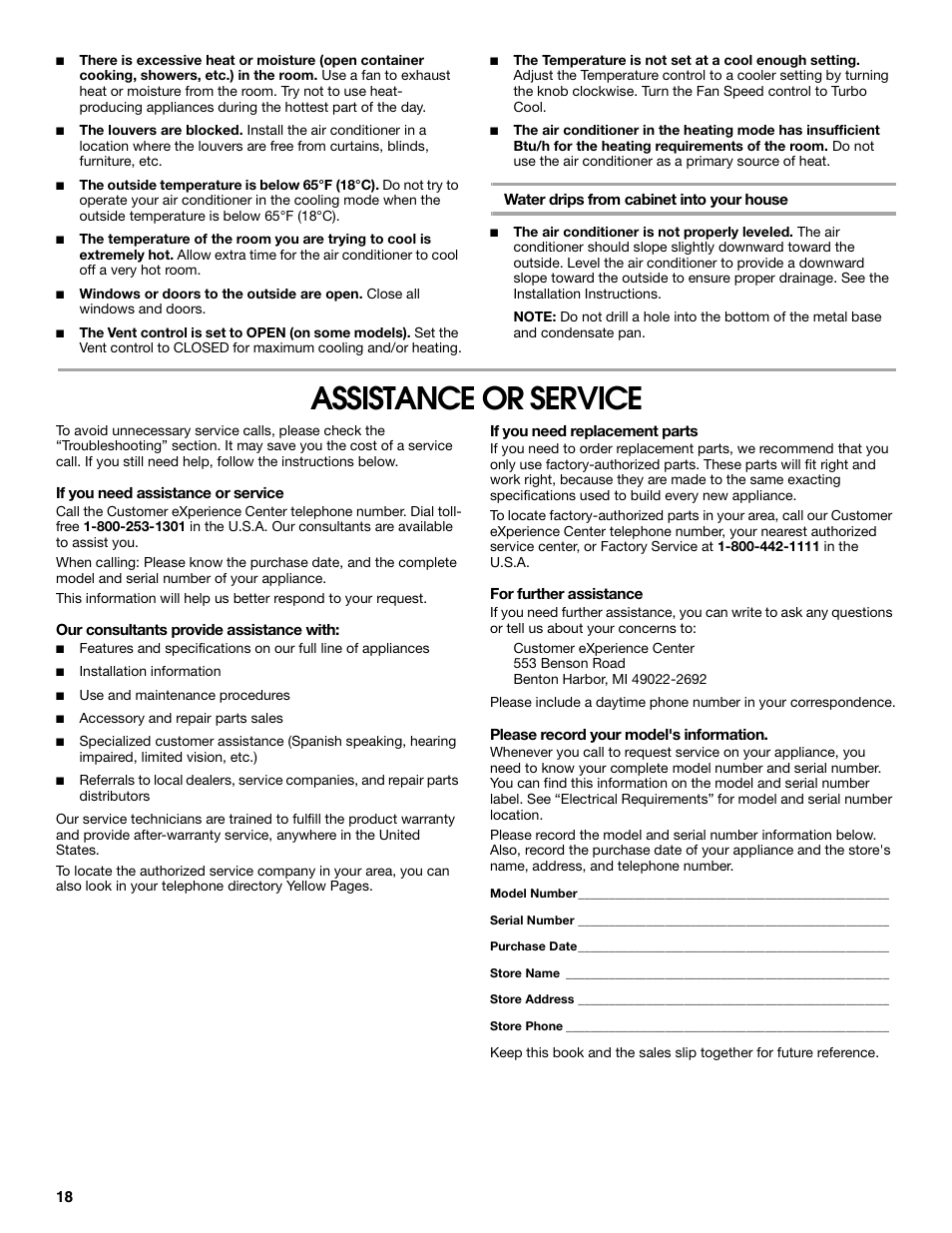 Assistance or service | Whirlpool ACE184PT0 User Manual | Page 18 / 36