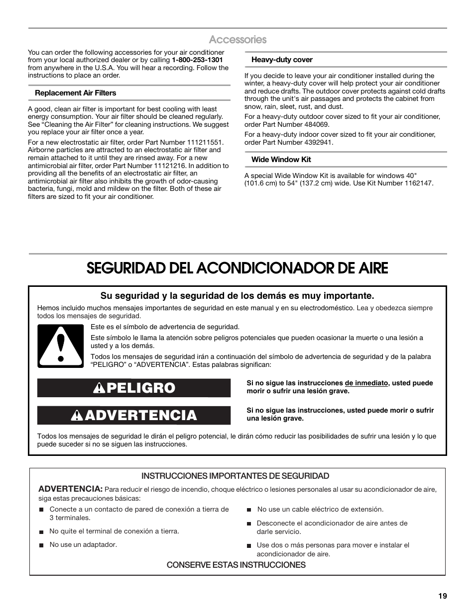 Seguridad del acondicionador de aire, Advertencia peligro, Accessories | Whirlpool ACE184PT0 User Manual | Page 19 / 36