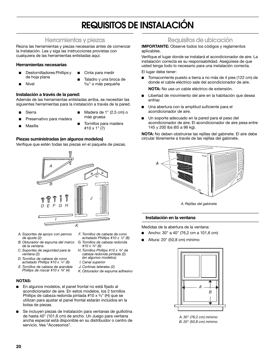 Requisitos de instalación, Herramientas y piezas, Requisitos de ubicación | Whirlpool ACE184PT0 User Manual | Page 20 / 36