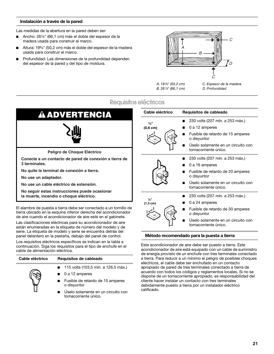 Advertencia, Requisitos eléctricos | Whirlpool ACE184PT0 User Manual | Page 21 / 36