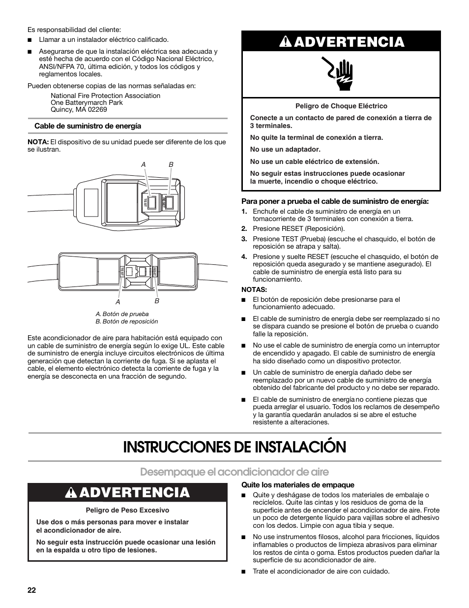 Instrucciones de instalación, Advertencia, Desempaque el acondicionador de aire | Whirlpool ACE184PT0 User Manual | Page 22 / 36