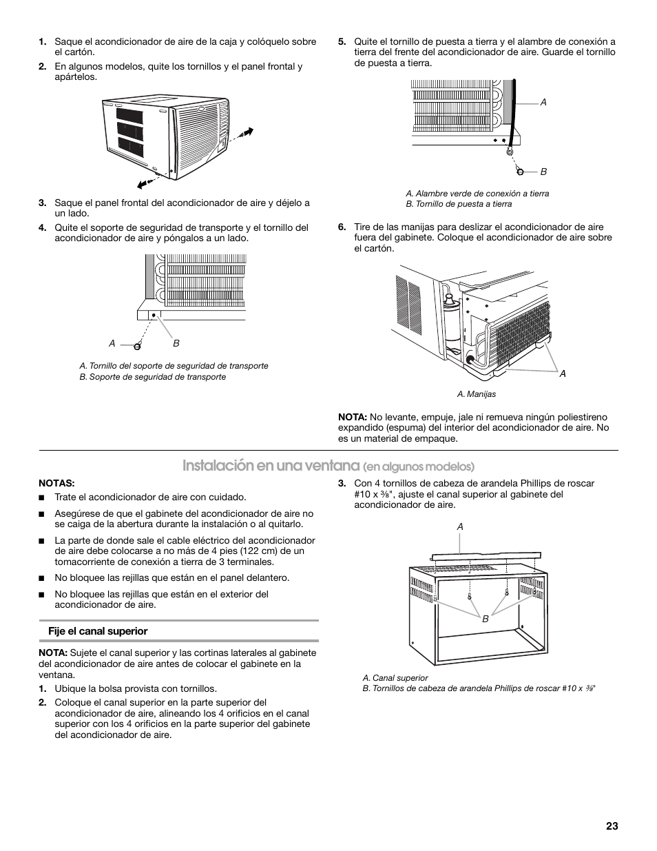 Instalación en una ventana, En algunos modelos) | Whirlpool ACE184PT0 User Manual | Page 23 / 36