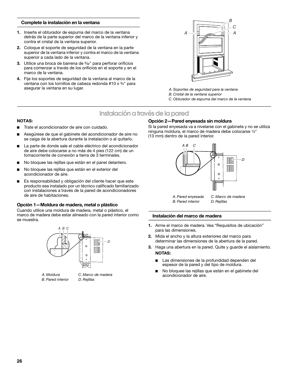 Instalación a través de la pared | Whirlpool ACE184PT0 User Manual | Page 26 / 36