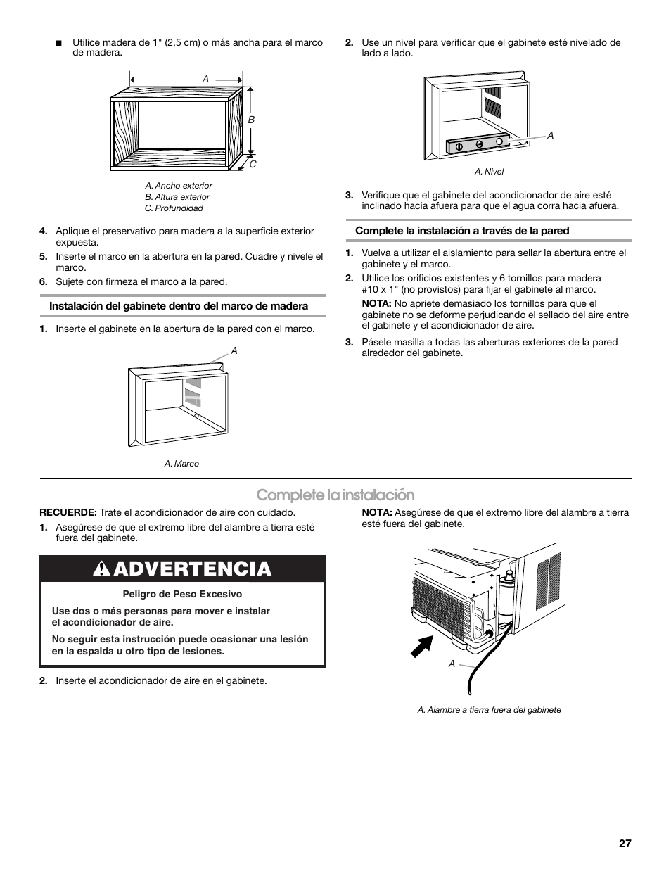 Advertencia, Complete la instalación | Whirlpool ACE184PT0 User Manual | Page 27 / 36