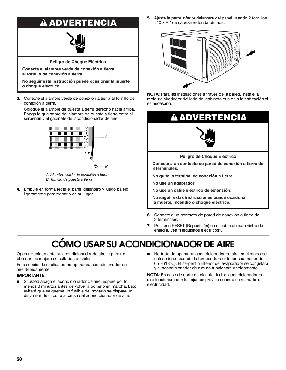 Cómo usar su acondicionador de aire, Advertencia | Whirlpool ACE184PT0 User Manual | Page 28 / 36