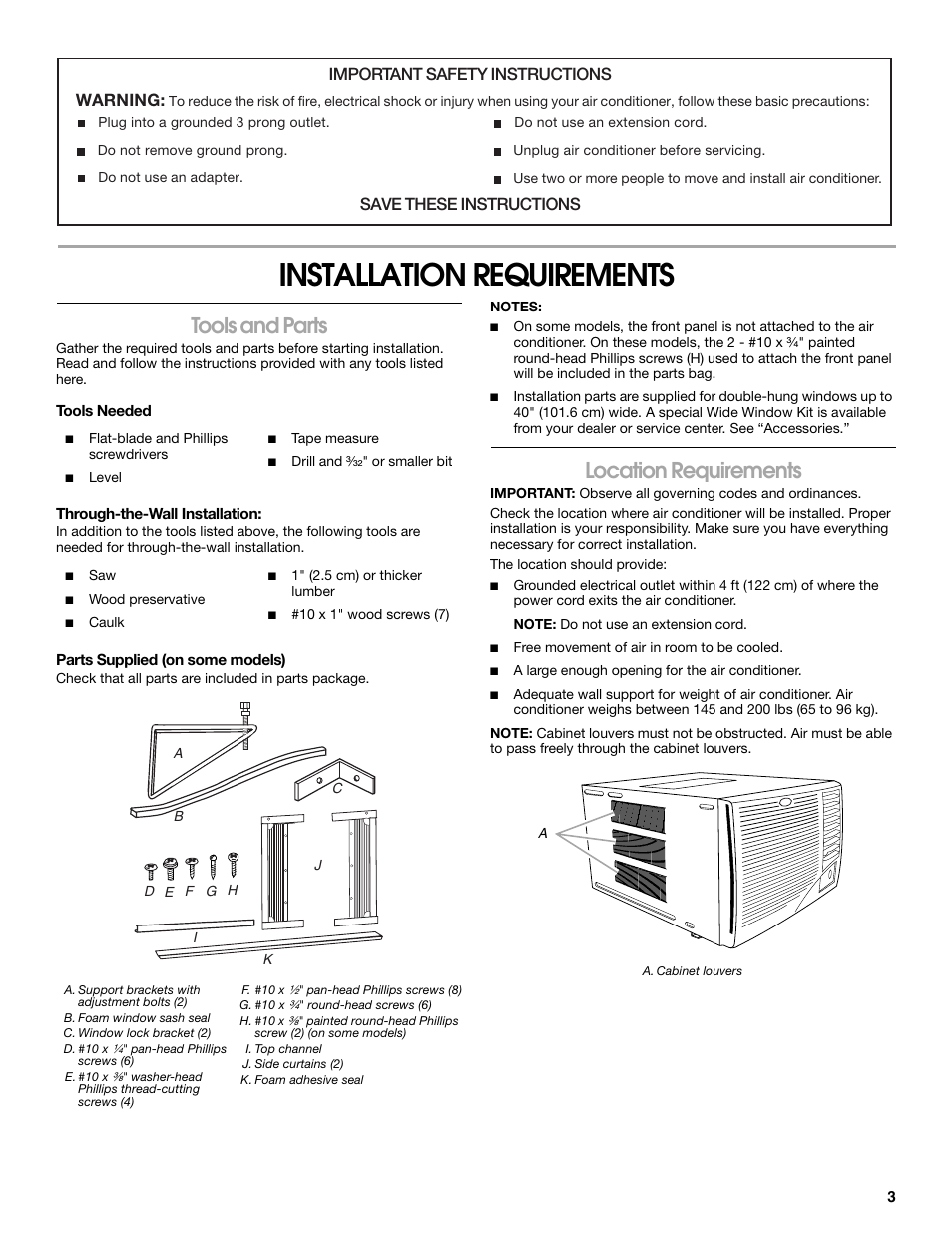 Installation requirements, Tools and parts, Location requirements | Important safety instructions warning, Save these instructions | Whirlpool ACE184PT0 User Manual | Page 3 / 36