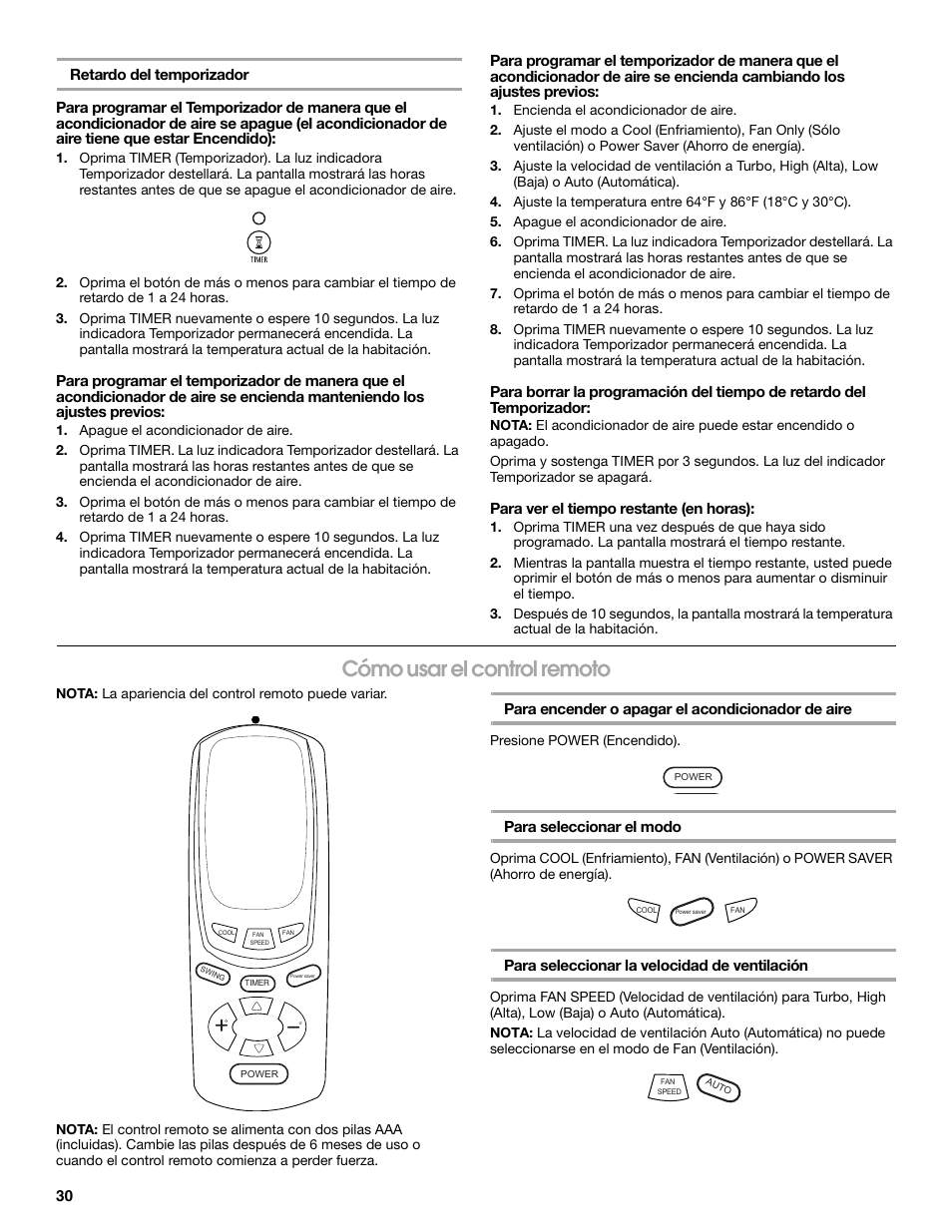 Cómo usar el control remoto | Whirlpool ACE184PT0 User Manual | Page 30 / 36