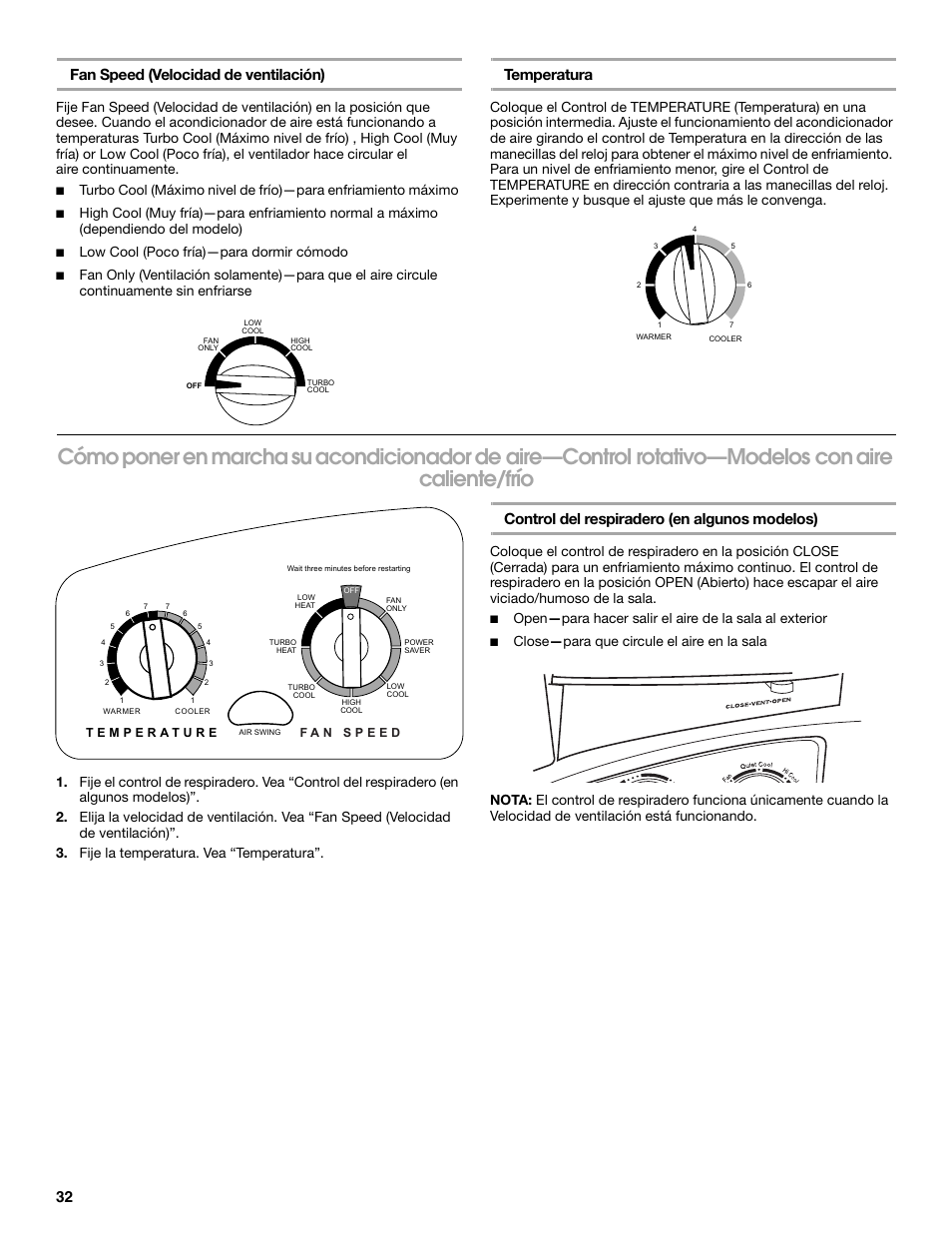 32 fan speed (velocidad de ventilación), Temperatura, Control del respiradero (en algunos modelos) | Low cool (poco fría)—para dormir cómodo | Whirlpool ACE184PT0 User Manual | Page 32 / 36