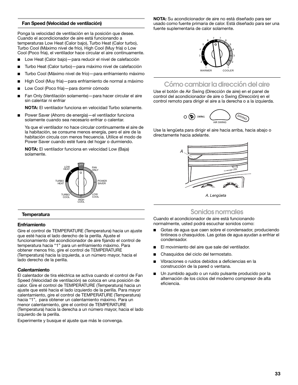 Cómo cambiar la dirección del aire, Sonidos normales, 33 fan speed (velocidad de ventilación) | Temperatura enfriamiento, Calentamiento | Whirlpool ACE184PT0 User Manual | Page 33 / 36