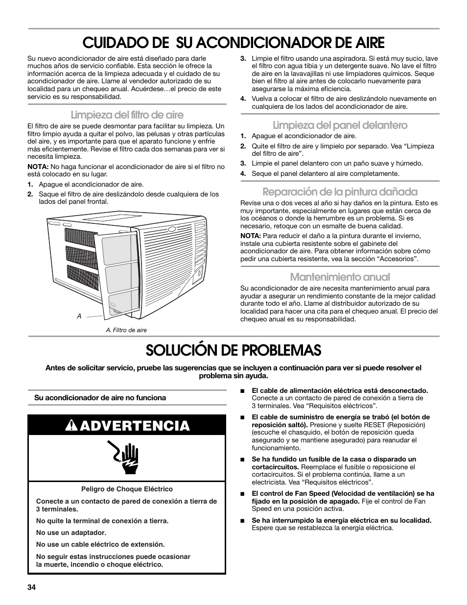 Cuidado de su acondicionador de aire, Solución de problemas, Advertencia | Limpieza del filtro de aire, Limpieza del panel delantero, Reparación de la pintura dañada, Mantenimiento anual | Whirlpool ACE184PT0 User Manual | Page 34 / 36