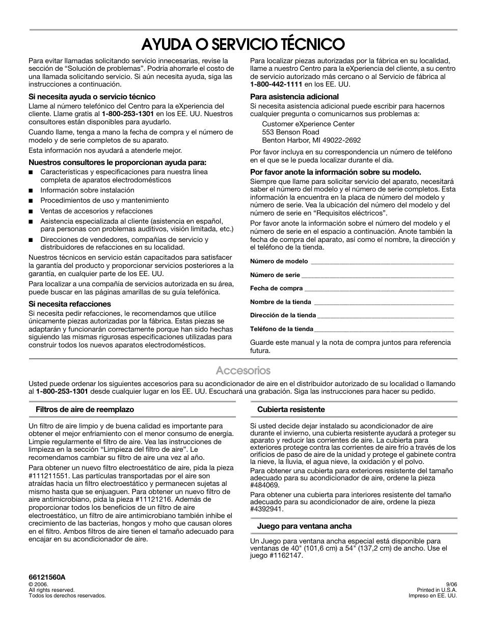 Ayuda o servicio técnico, Accesorios | Whirlpool ACE184PT0 User Manual | Page 36 / 36