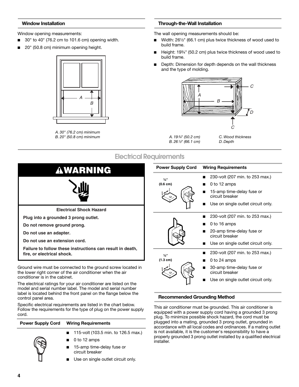 Warning, Electrical requirements | Whirlpool ACE184PT0 User Manual | Page 4 / 36