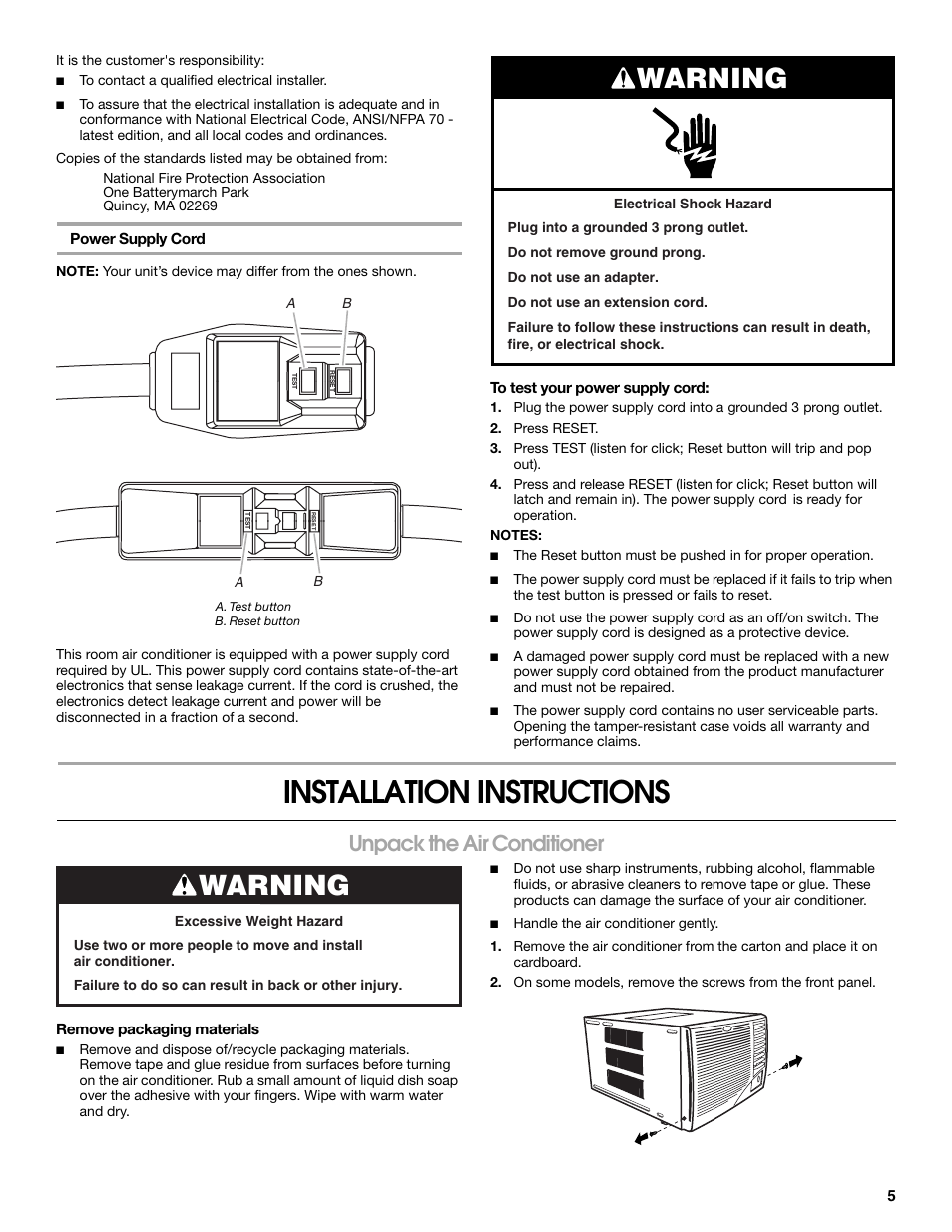 Installation instructions, Warning, Unpack the air conditioner | Whirlpool ACE184PT0 User Manual | Page 5 / 36