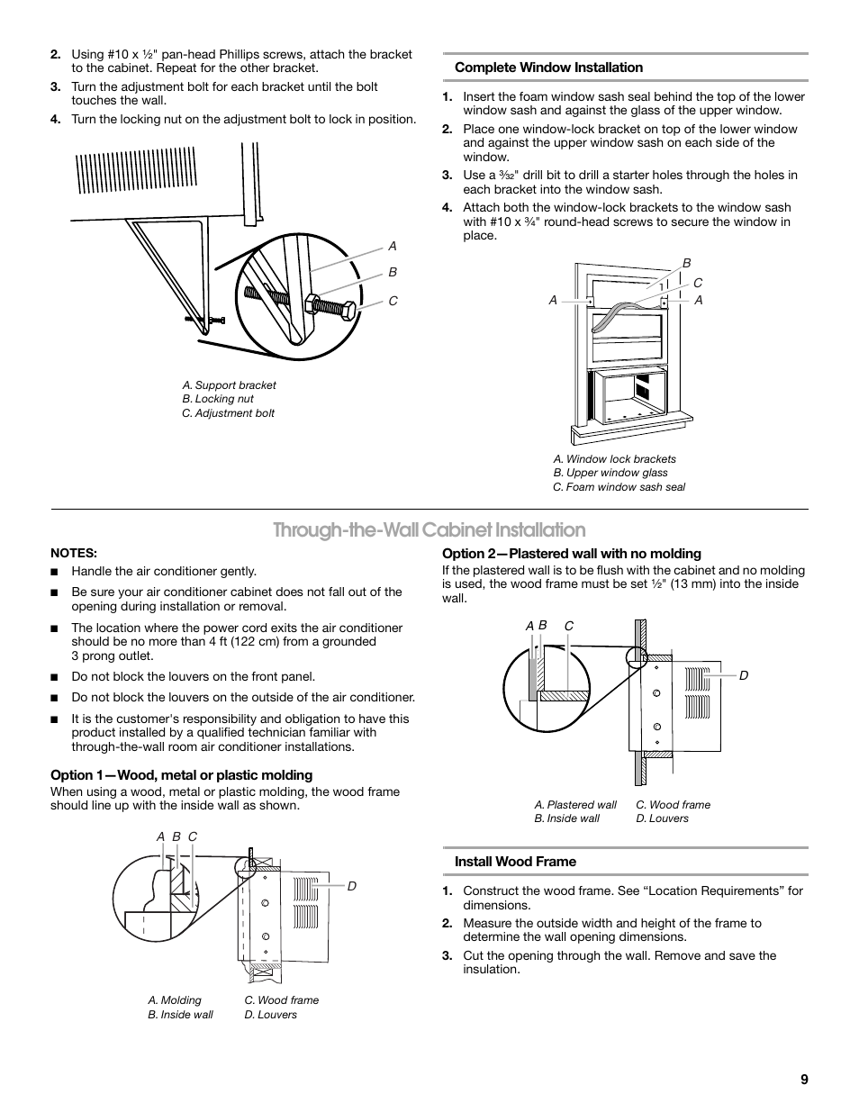 Through-the-wall cabinet installation | Whirlpool ACE184PT0 User Manual | Page 9 / 36