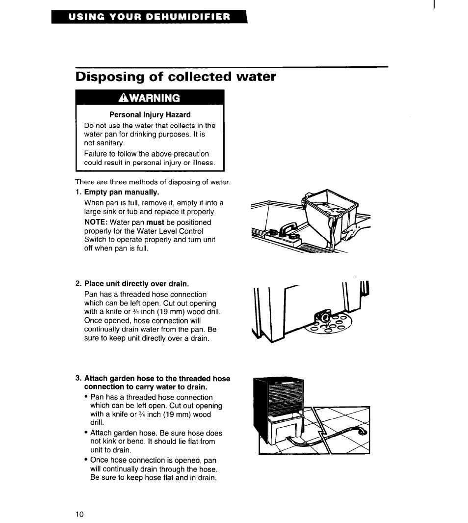 Disposing of collected water, Personal injury hazard, Warning | Whirlpool AD050 User Manual | Page 10 / 15