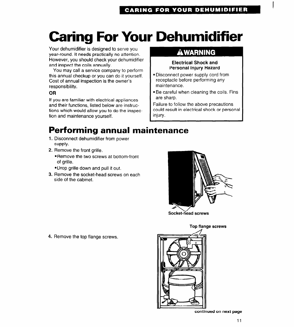 Caring for your dehumidifier, Electrical shock and personal injury hazard, Performing annual maintenance | Whirlpool AD050 User Manual | Page 11 / 15