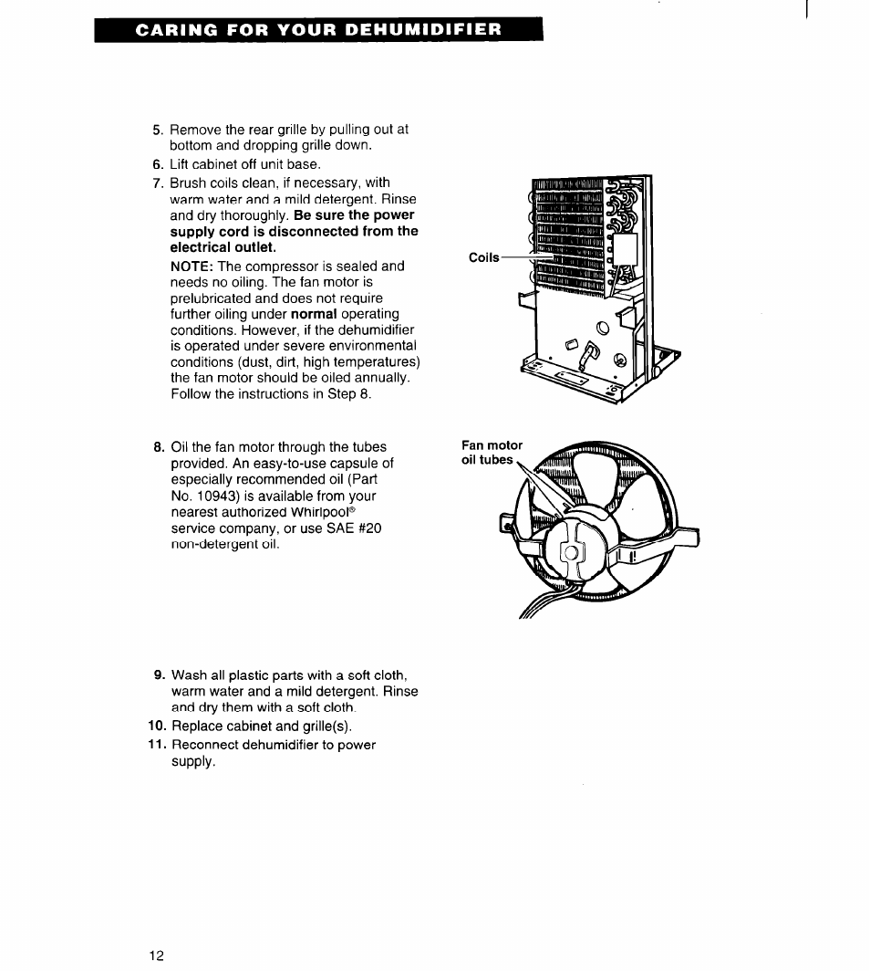 Caring for your dehumidifier | Whirlpool AD050 User Manual | Page 12 / 15