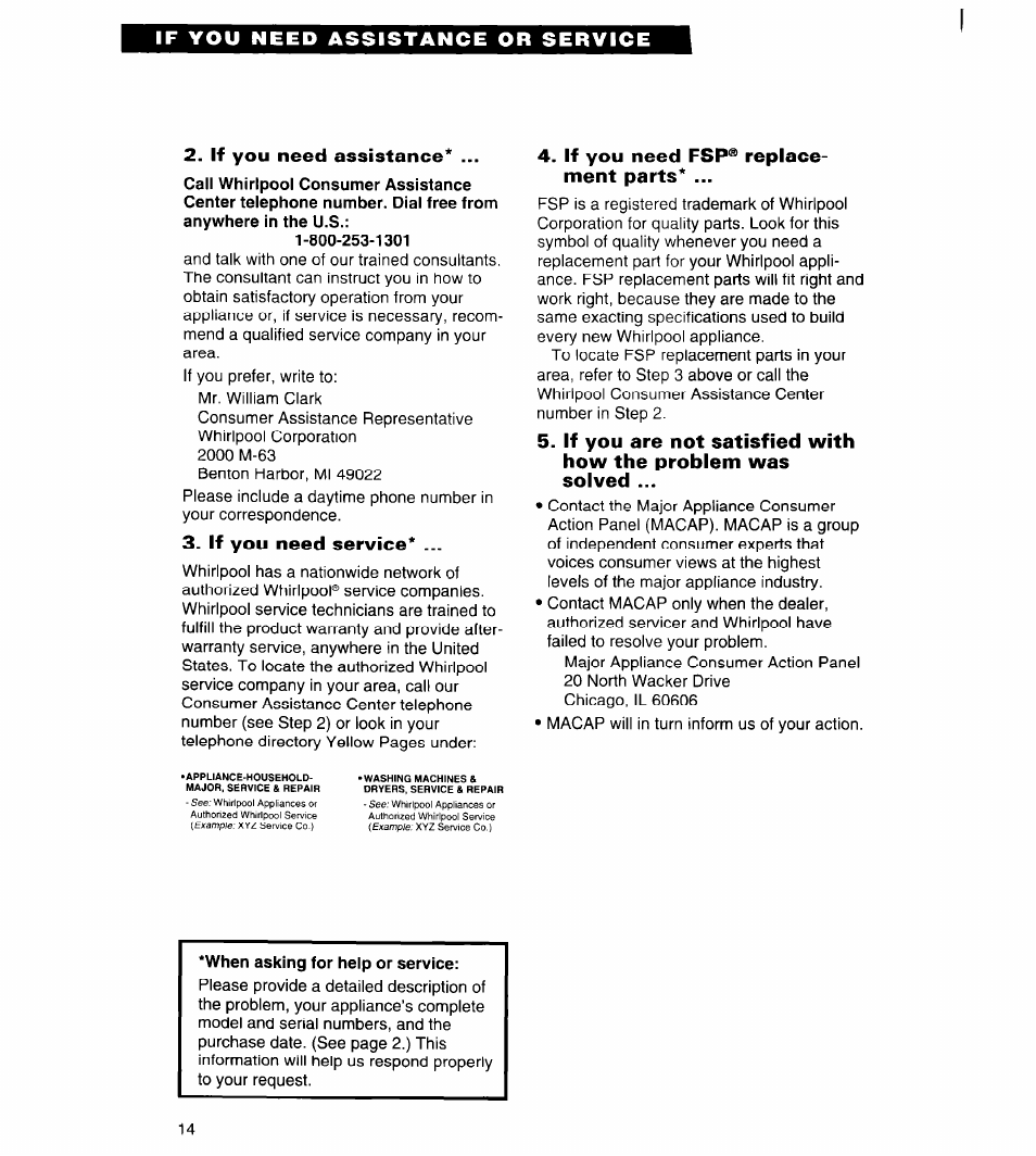 If you need assistance, If you need service, If you need fsp® replacement parts | When asking for help or service, If you need fsp® replace­ ment parts | Whirlpool AD050 User Manual | Page 14 / 15