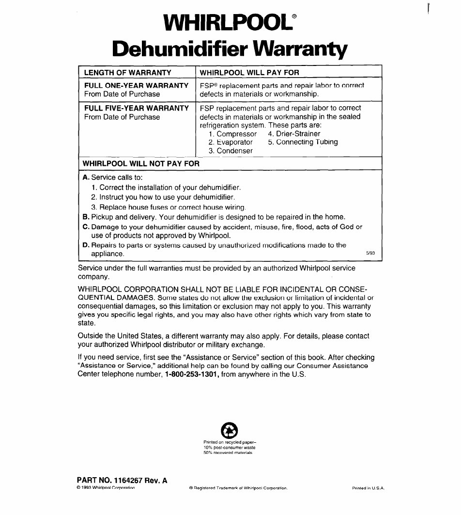 Whirlpool^ dehumidifier warranty, Part no. 1164267 rev. a | Whirlpool AD050 User Manual | Page 15 / 15