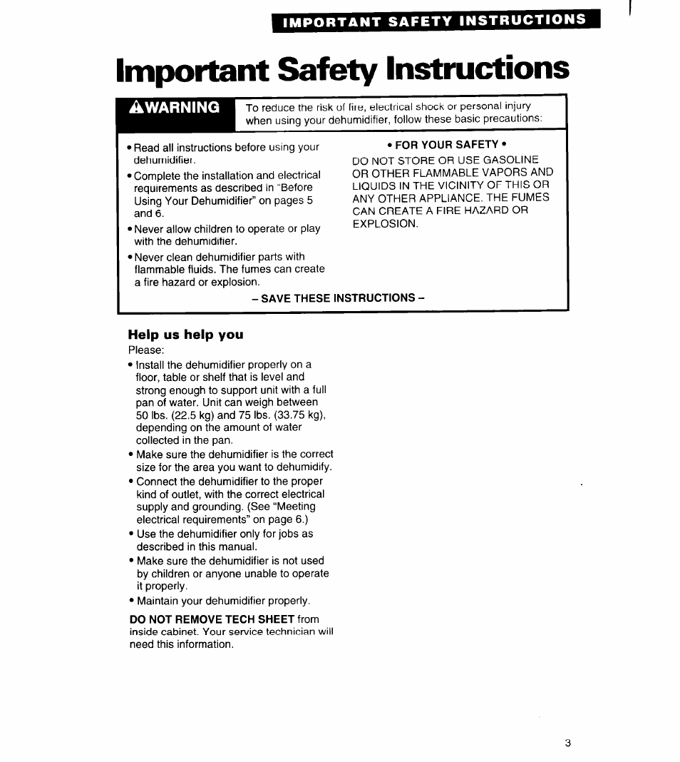 Important safety instructions, Save these instructions, Do not remove tech sheet from | Whirlpool AD050 User Manual | Page 3 / 15