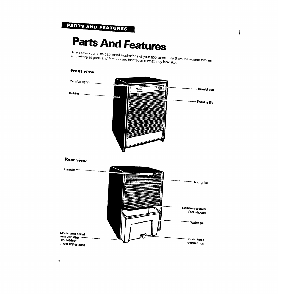 Parts and features, Features | Whirlpool AD050 User Manual | Page 4 / 15