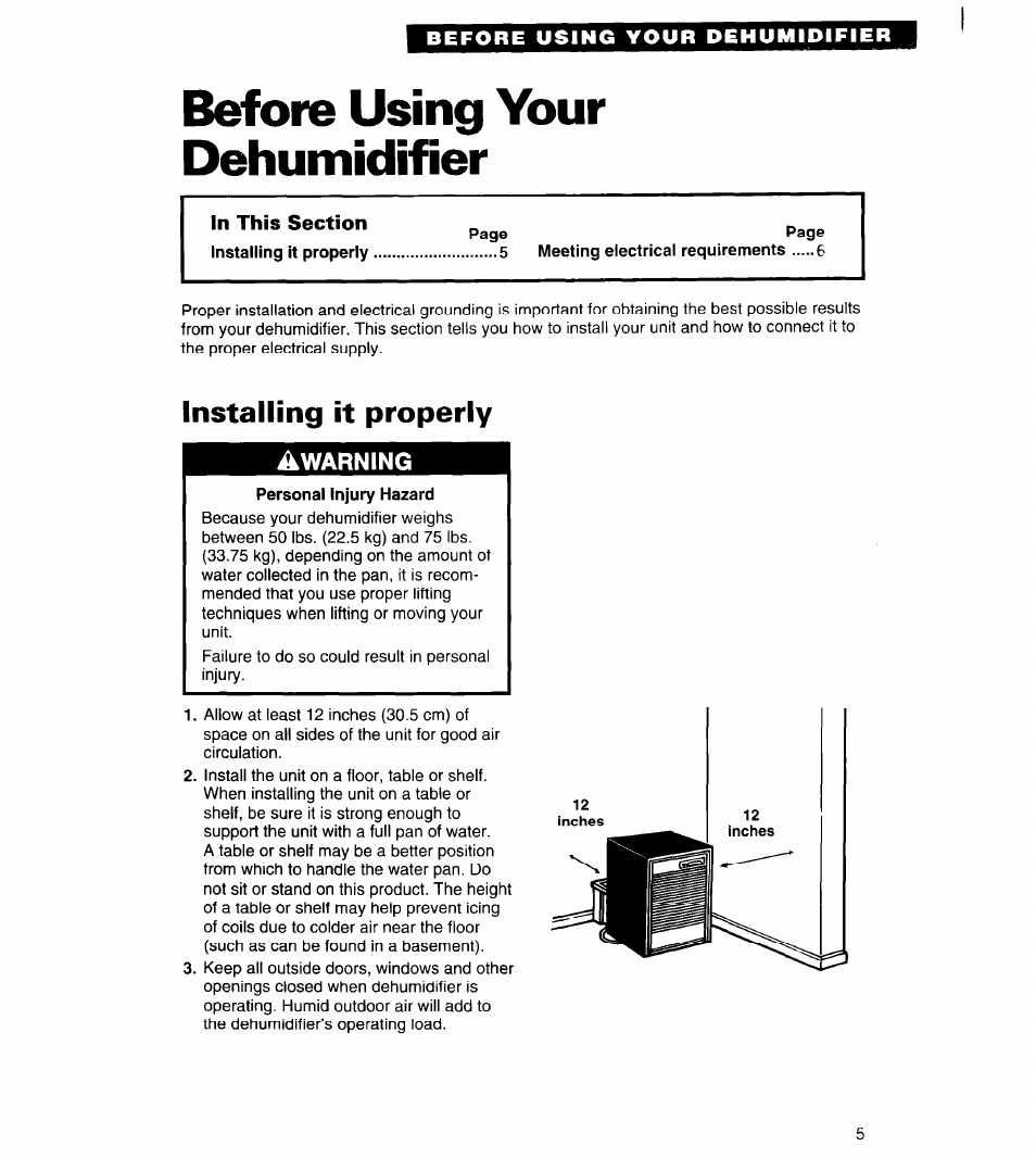 Before using your dehumidifier, In this section, Installing it properly | Whirlpool AD050 User Manual | Page 5 / 15