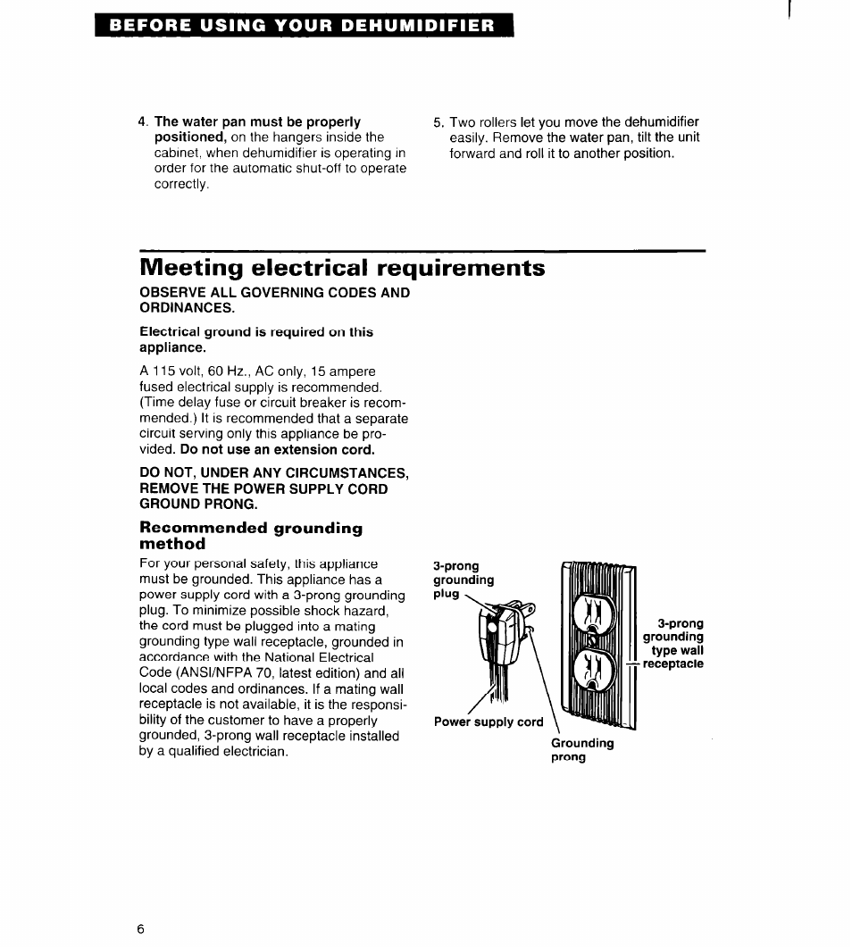 Meeting electrical requirements, Observe all governing codes and ordinances, Do not, under any circumstances | Remove the power supply cord ground prong | Whirlpool AD050 User Manual | Page 6 / 15