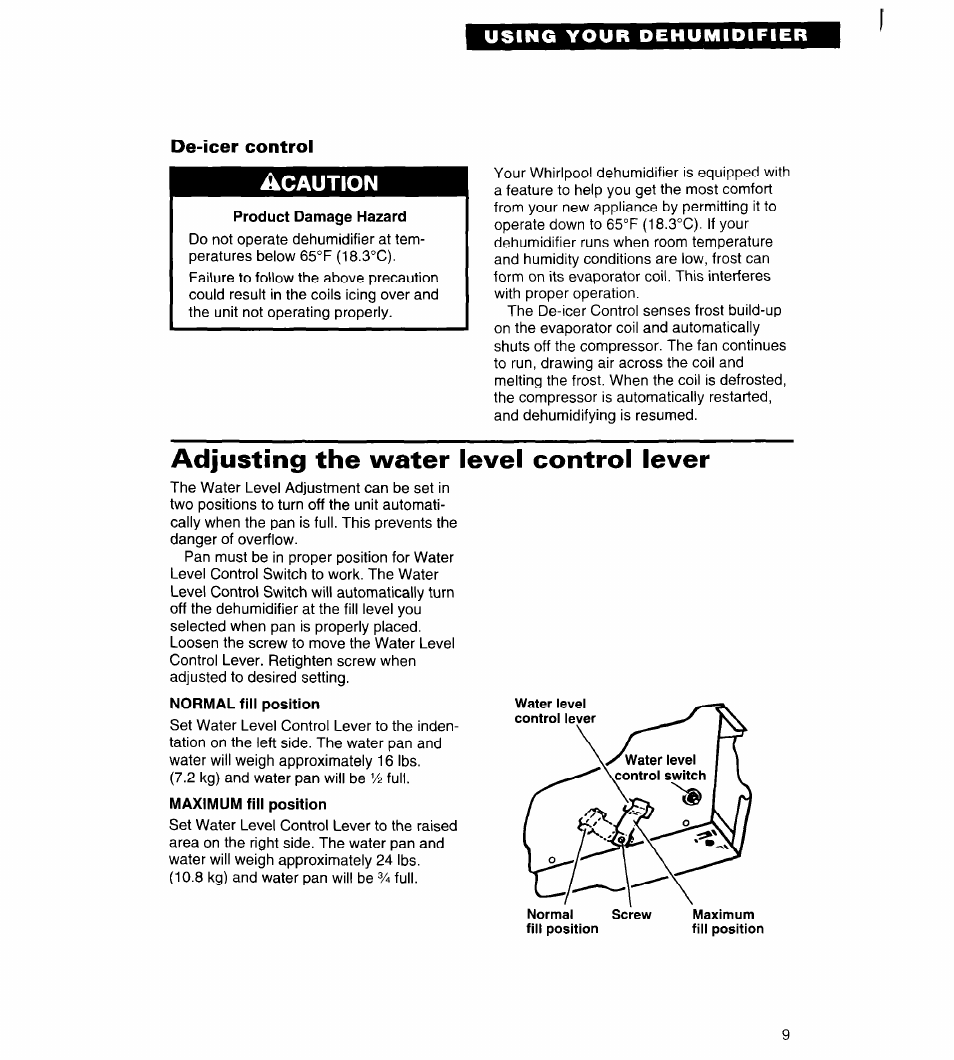 Adjusting the water level control lever | Whirlpool AD050 User Manual | Page 9 / 15