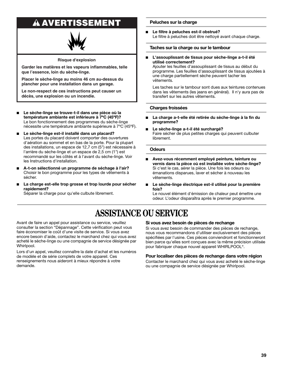 Assistance ou service, Avertissement | Whirlpool 3XWED5705SW0 User Manual | Page 39 / 40