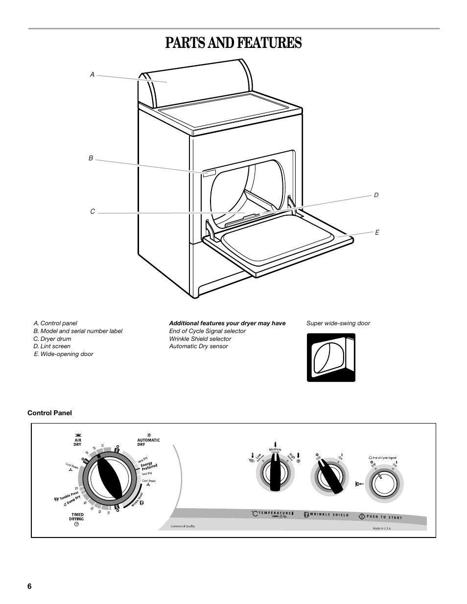 Parts and features | Whirlpool 3XWED5705SW0 User Manual | Page 6 / 40
