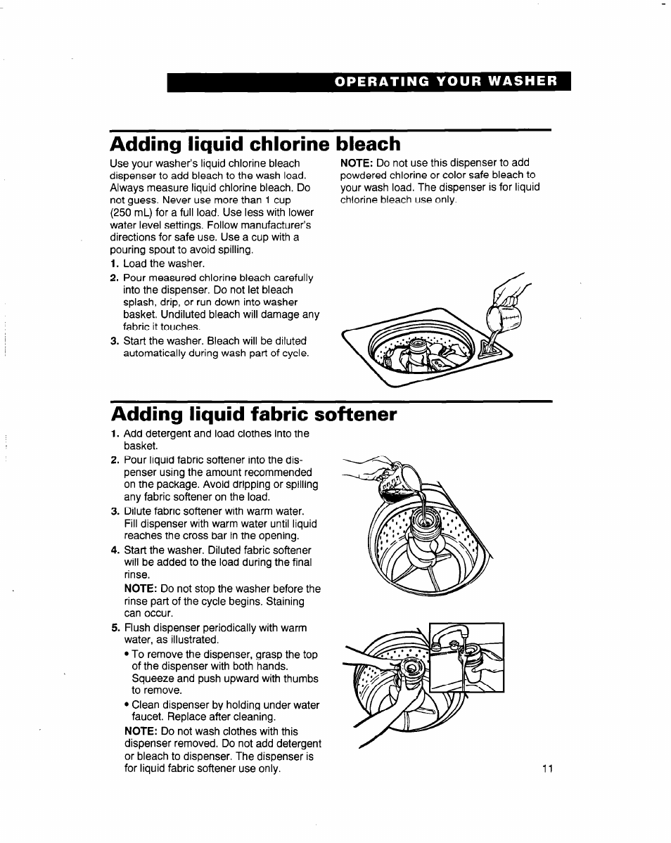Adding liquid chlorine bleach, Adding liquid fabric softener, Adding liquid fabric | Softener | Whirlpool 3363569 User Manual | Page 11 / 23
