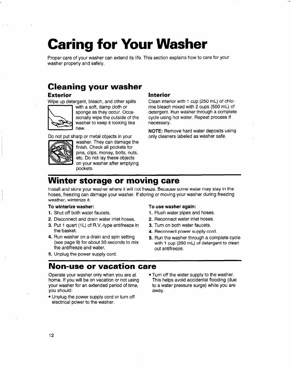 Caring for your washer, Cleaning your washer, Exterior | Interior, Winter storage or moving care, Non-use or vacation care, Operating your washer, Starting your washer | Whirlpool 3363569 User Manual | Page 12 / 23