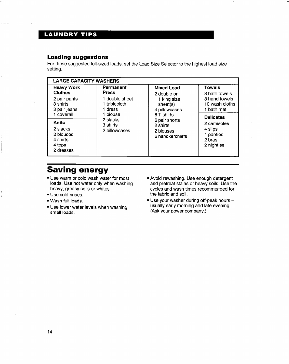 Loading suggestions, Saving energy | Whirlpool 3363569 User Manual | Page 14 / 23