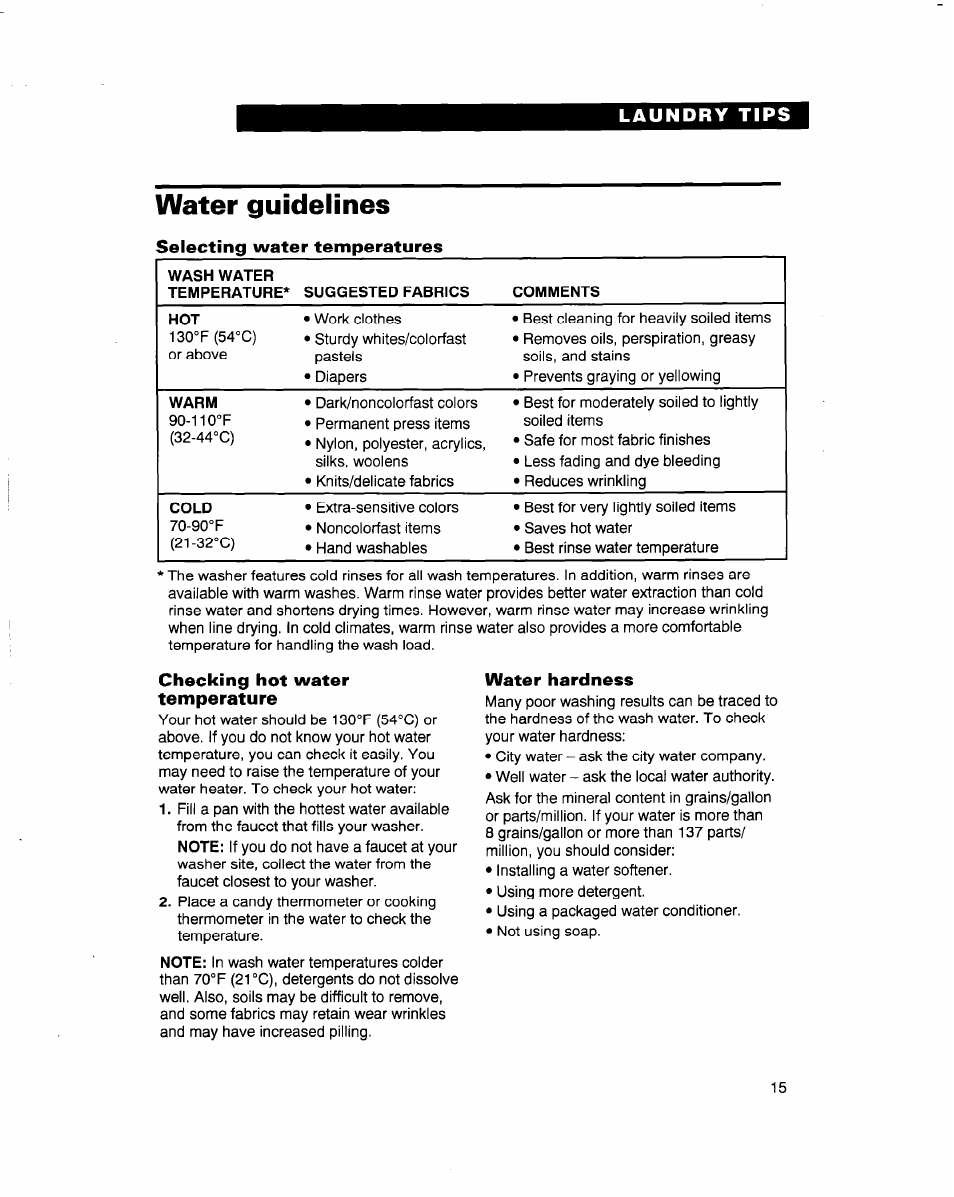 Water guidelines, Selecting water temperatures, Checking hot water temperature | Water hardness | Whirlpool 3363569 User Manual | Page 15 / 23