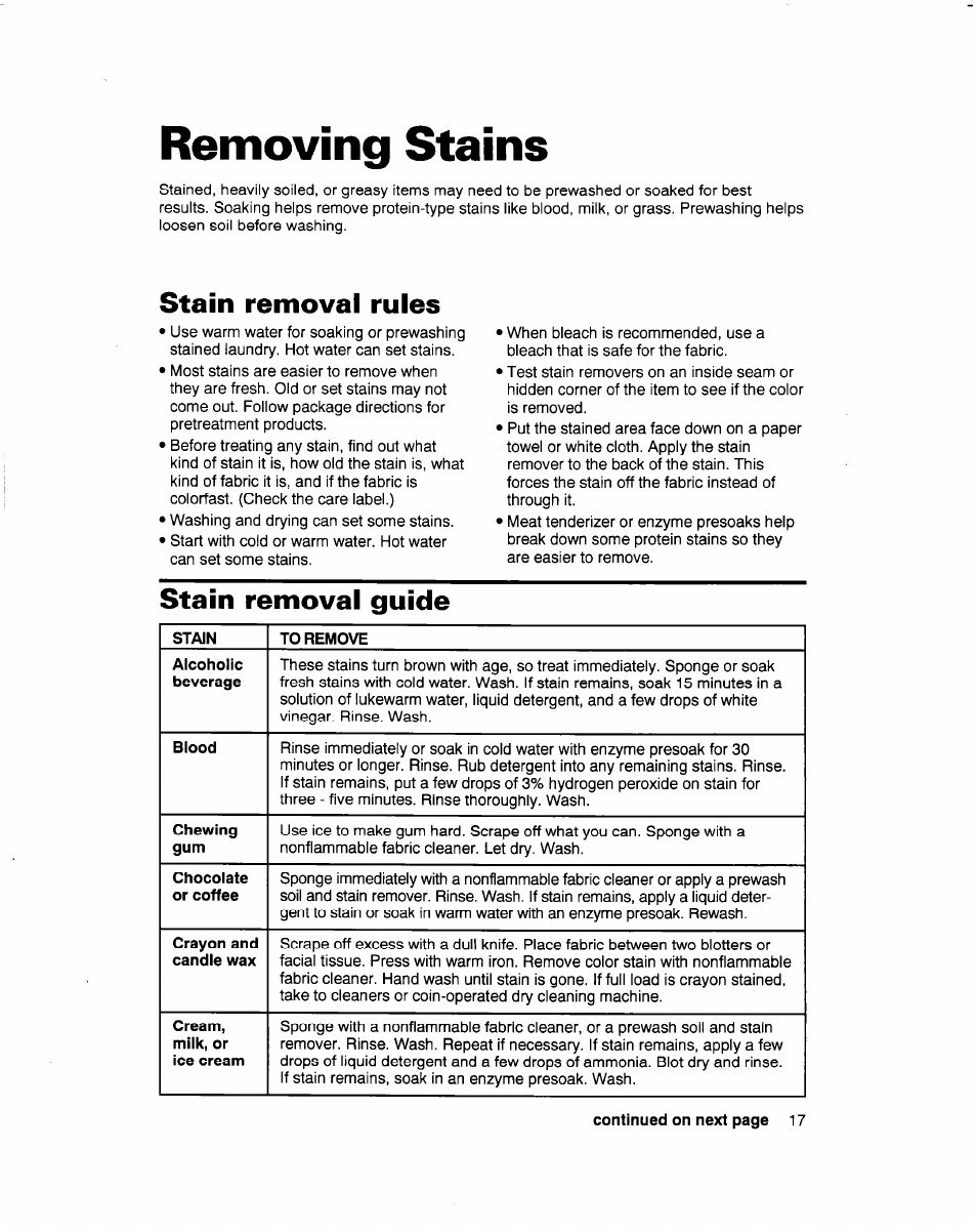 Removing stains, Stain removal rules, Stain removal guide | Whirlpool 3363569 User Manual | Page 17 / 23