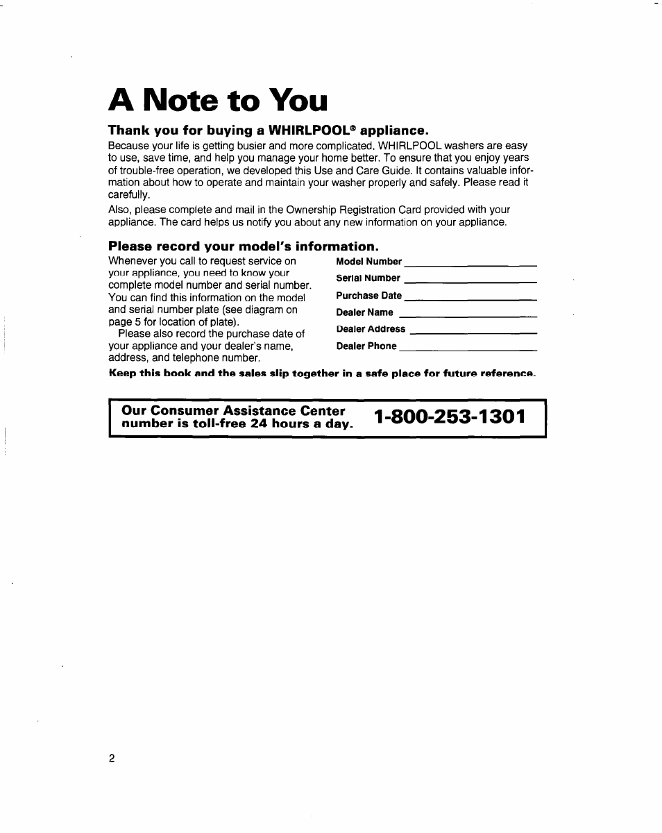 A note to you, Thank you for buying a whirlpool® appliance, Please record your model's information | Whirlpool 3363569 User Manual | Page 2 / 23