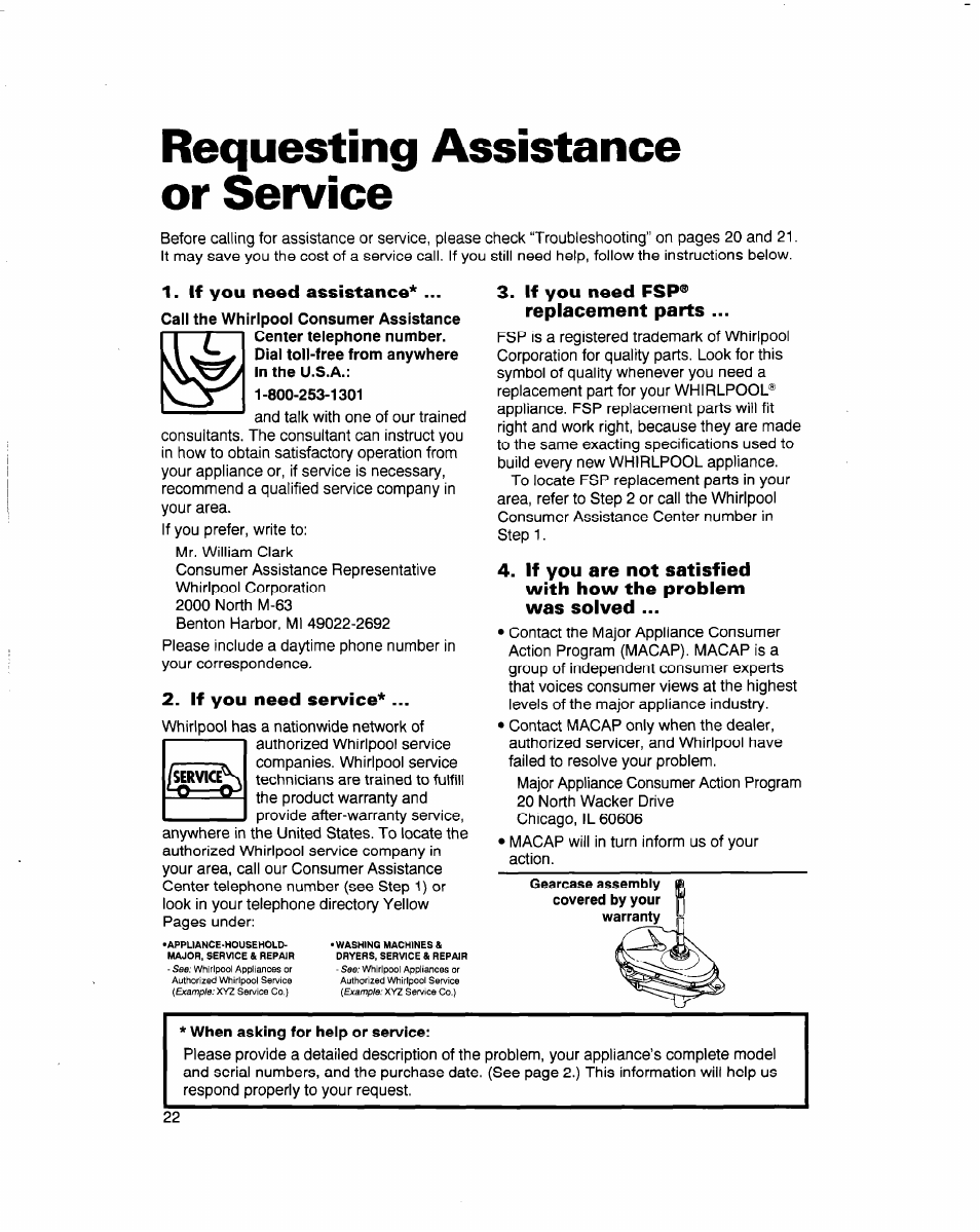Requesting assistance or service, If you need assistance, If you need service | If you need fsp® replacement parts, Requesting assistance, Or service | Whirlpool 3363569 User Manual | Page 22 / 23