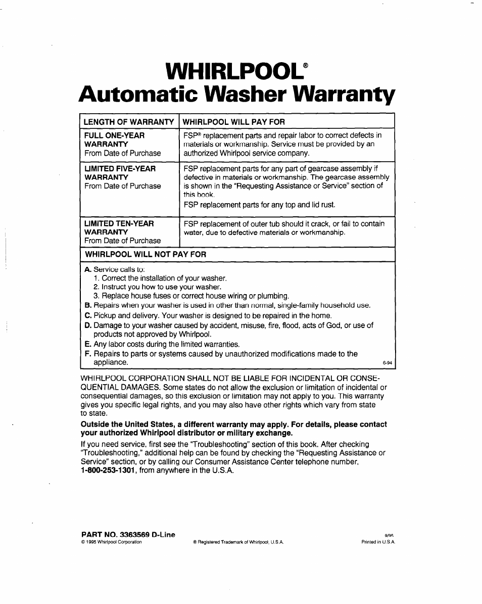 Whirlpool, Automatic washer warranty, Whirlpool^ automatic washer warranty | Whirlpool 3363569 User Manual | Page 23 / 23