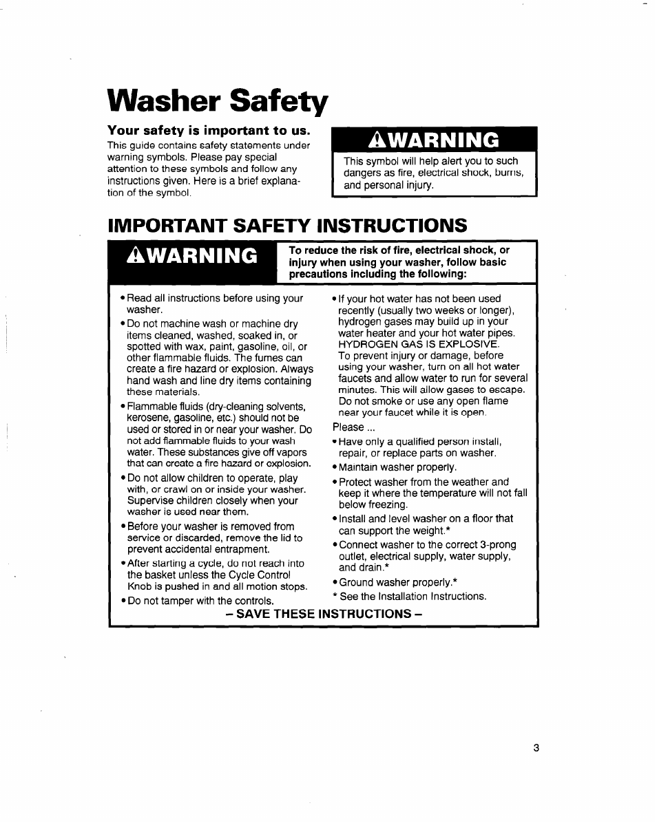 Washer safety, Your safety is important to us. i, Save these instructions | Awarning, Warning, Important safety instructions | Whirlpool 3363569 User Manual | Page 3 / 23