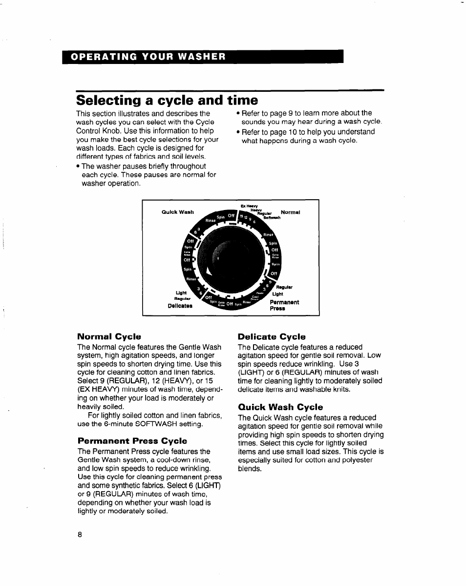 Selecting a cycle and time, Normal cycle, Permanent press cycle | Delicate cycle, Quick wash cycle | Whirlpool 3363569 User Manual | Page 8 / 23