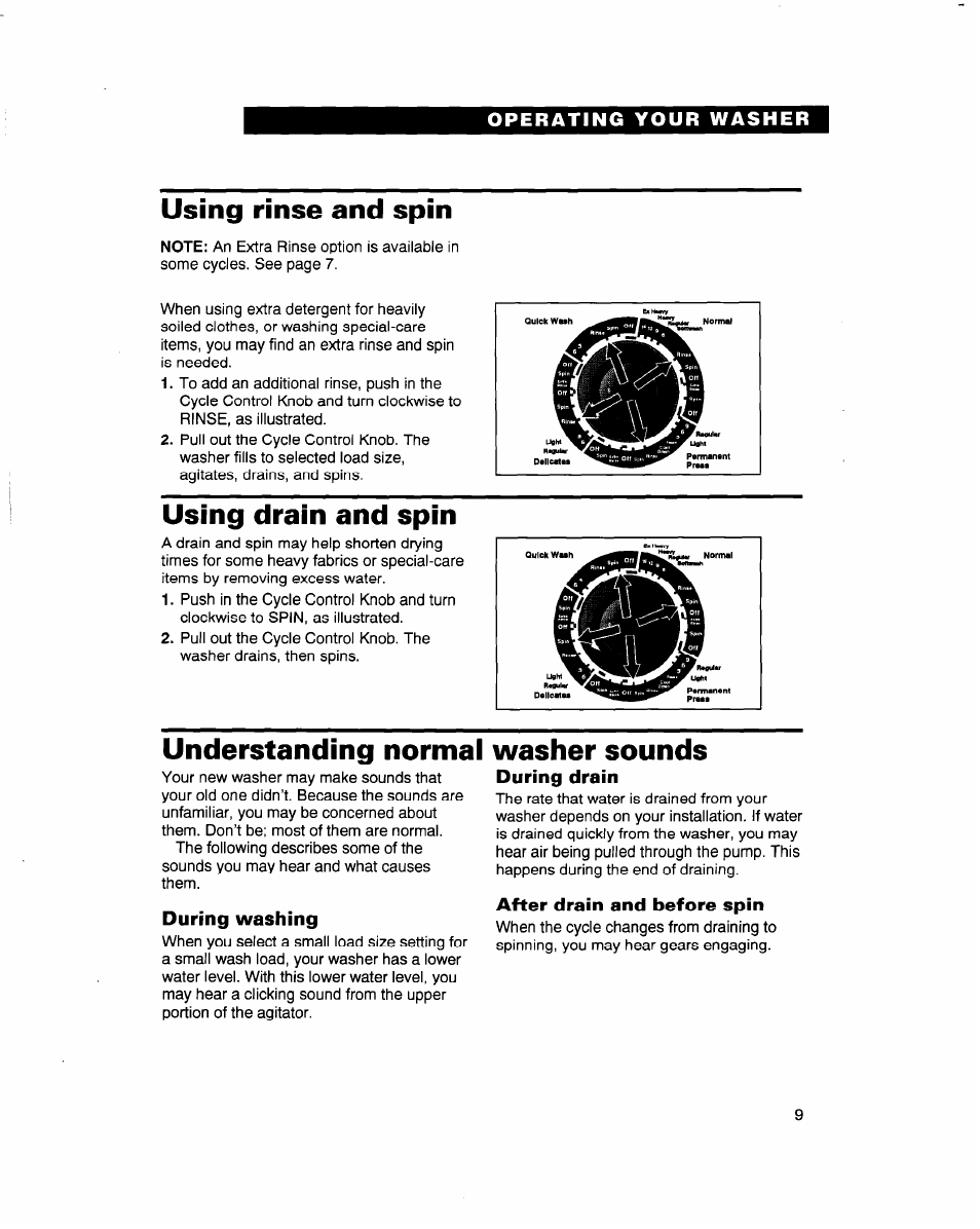 Using rinse and spin, Using drain and spin, During washing | During drain, After drain and before spin, Using rinse and spin using drain and spin, Understanding normal washer sounds | Whirlpool 3363569 User Manual | Page 9 / 23