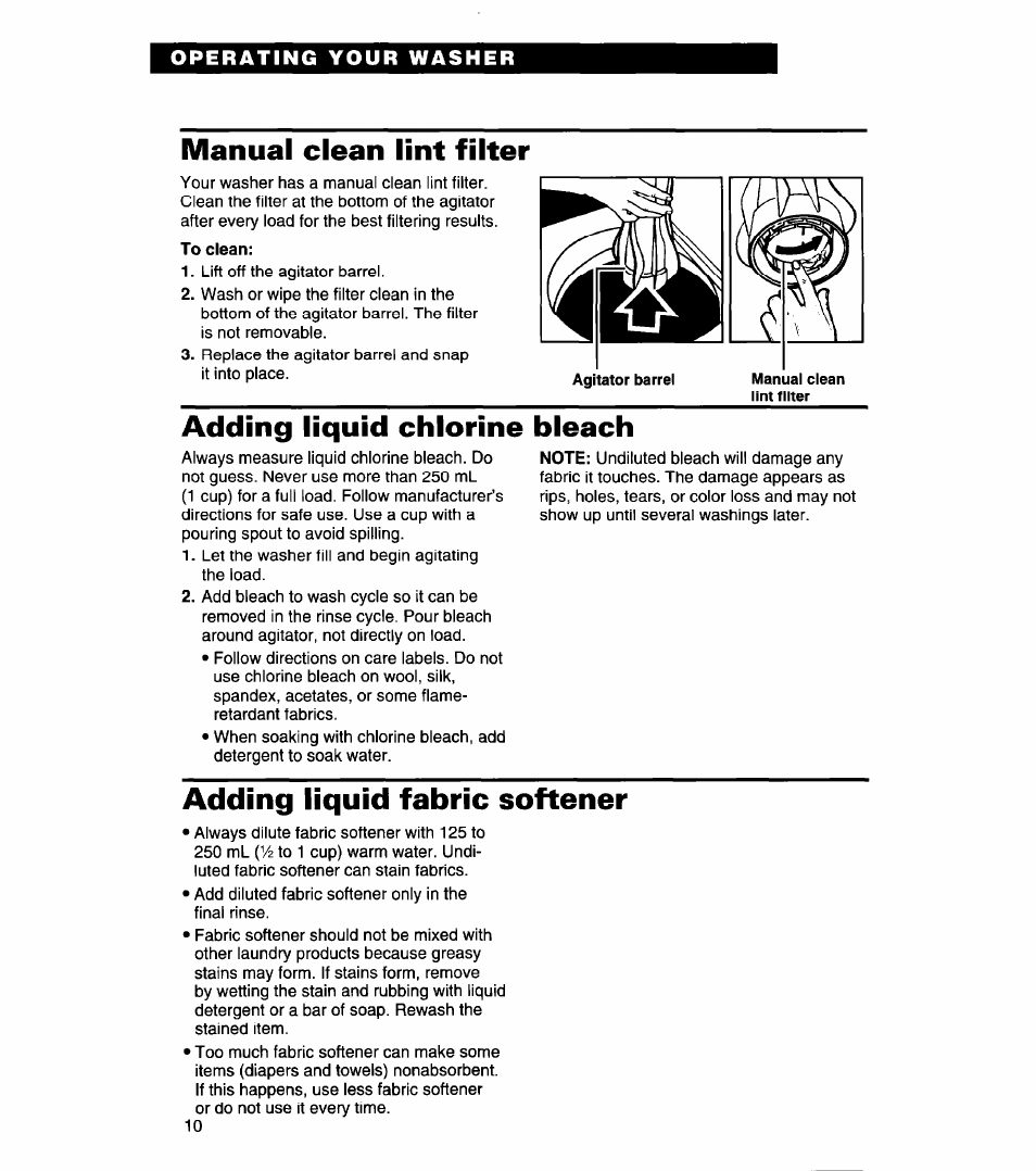 Manual clean lint filter, To clean, Adding liquid chlorine bleach | Adding liquid fabric softener | Whirlpool 3366869 User Manual | Page 10 / 56