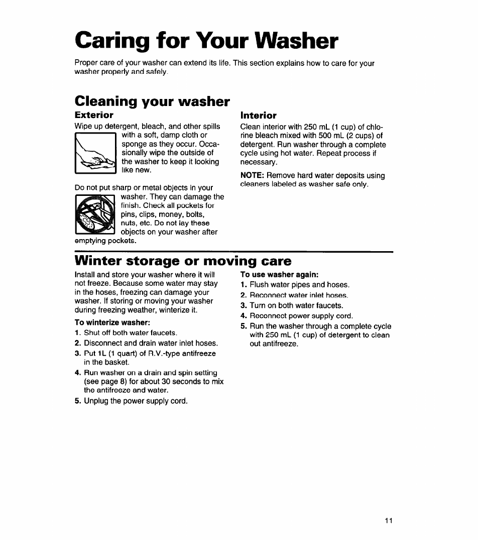Caring for your washer, Cleaning your washer, Exterior | Interior, Winter storage or moving care | Whirlpool 3366869 User Manual | Page 11 / 56