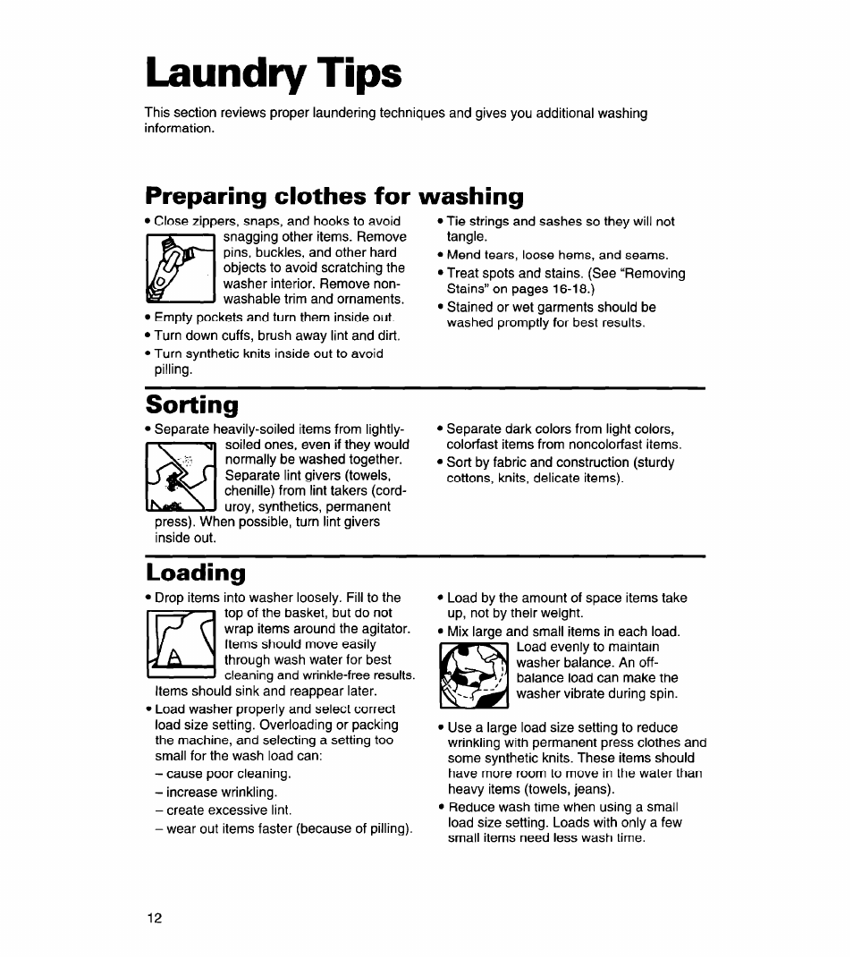 Laundry tips, Preparing clothes for washing, Sorting | Loading | Whirlpool 3366869 User Manual | Page 12 / 56