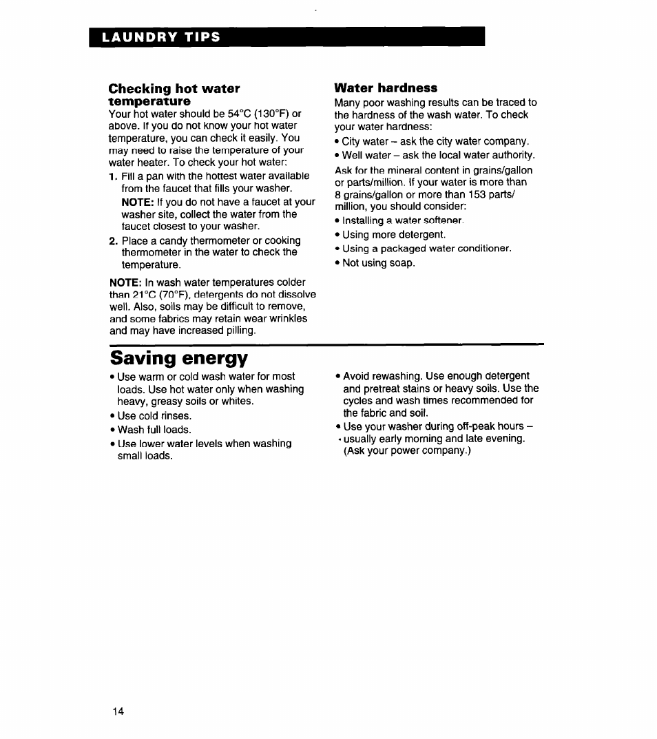 Checking hot water temperature, Water hardness, Saving energy | Whirlpool 3366869 User Manual | Page 14 / 56